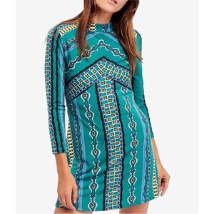 Free People Stella Tribal Mini Dress Long Sleeve High Neck Women’s Small Green